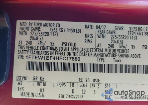 2017 Ford F-150 King Ranch z USA, uszkodzony, nr VIN 1FTEW1EF4HFC17860